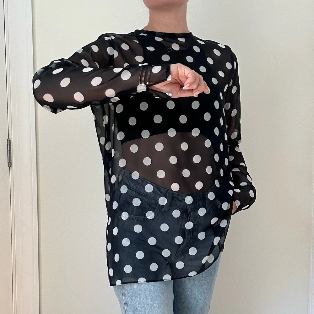 Custom Made Poly Chiffon Polka Dot Sheer Blouse /Hot Polka Dot Trend - Picture 4 of 8